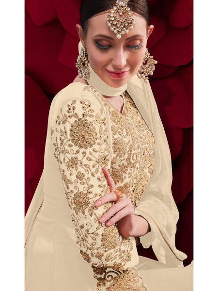 Myra Cream Georgette Embroidered Anarkali Pant Style Suit