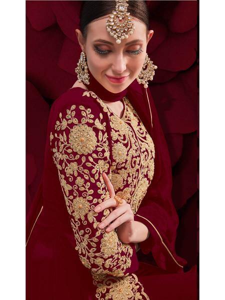 Myra Wine Georgette Embroidered Anarkali Pant Style Suit