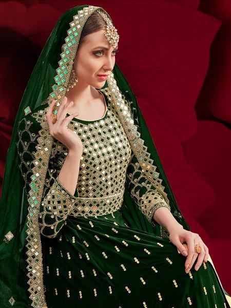Myra Green Georgette Embroidered Anarkali Pant Style Suit