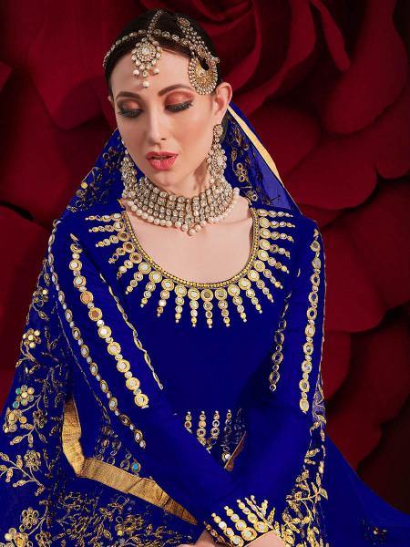 Myra Royal Blue Georgette Embroidered Anarkali Pant Style Suit