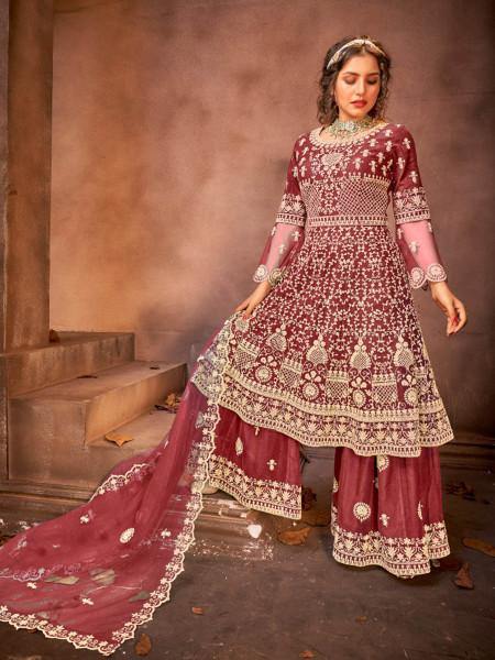 Maroon Embroidered Gharara Suit