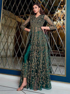 Myra Peacock Blue Net Embroidery Gown