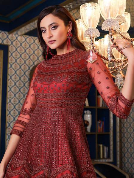 Maroon Net Embroidery Gown