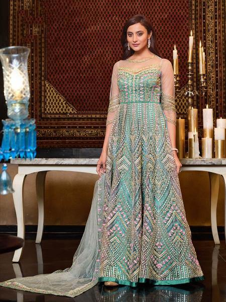 Mint Blue Net Embroidery Gown