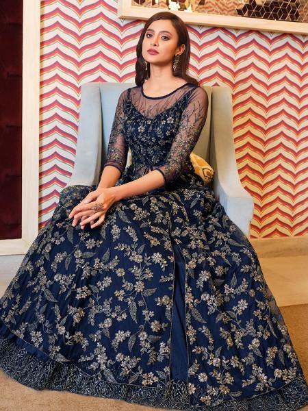 ]Navy Blue Net Embroidery Gown