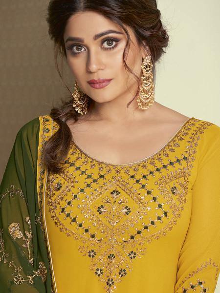 Myra Yellow and Green Georgette Embroidered Gharara Suit
