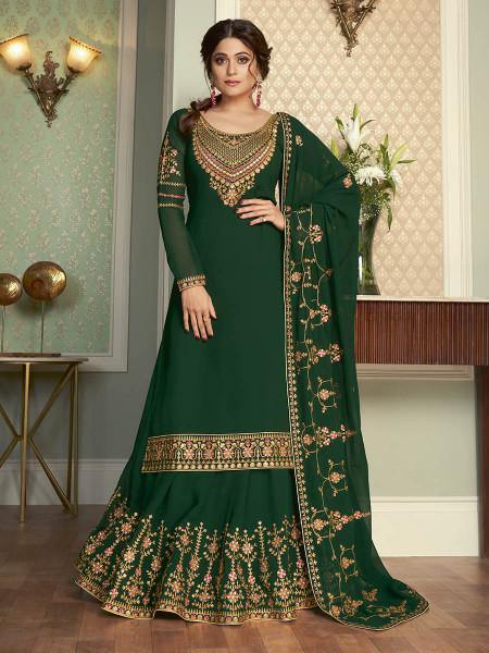 Green and Gold Georgette Embroidered Gharara Suit