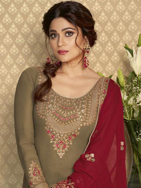 Brown and Maroon Georgette Embroidered Gharara Suit