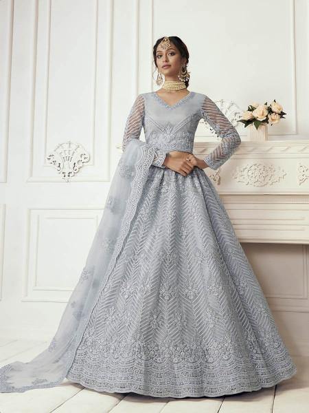 Myra Dusty Sea Blue Heavy Embroidered Net bridal Lehenga