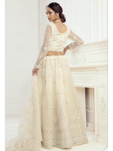 Beautiful Fashion Off White Heavy Embroidered Net Bridal Lehenga