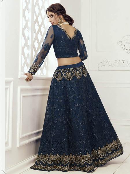 Deep Blue Heavy Embroidered Net Bridal Lehenga
