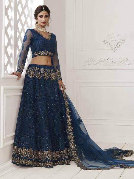Myra Deep Blue Heavy Embroidered Net Bridal 