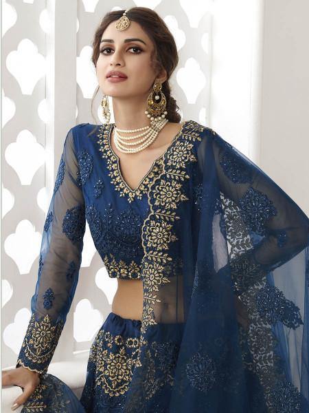 Myra Deep Blue Heavy Embroidered Net Bridal Lehenga online