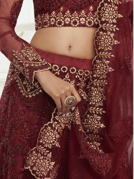 Maroon Heavy Embroidered Net Bridal Lehenga
