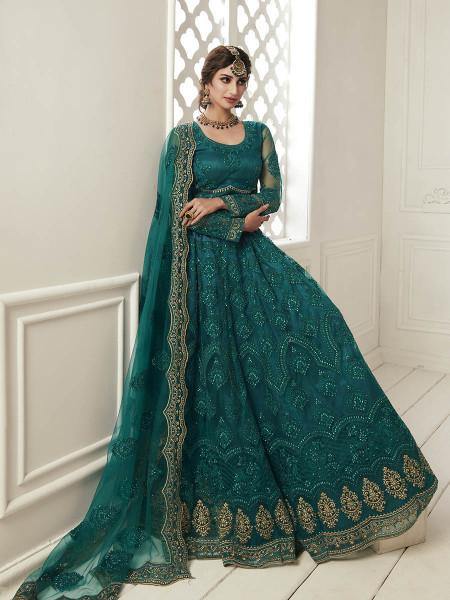 Myra Rama Green Heavy Embroidered Net Bridal Lehenga