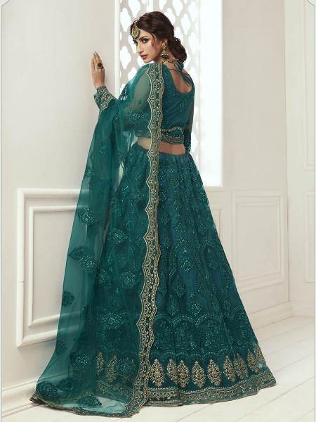 Myra Rama Green Heavy Embroidered Net Bridal Lehenga