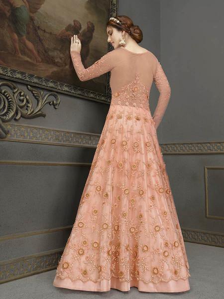Myra Peach Soft Net Embroidered Handwork Gown Style Suit