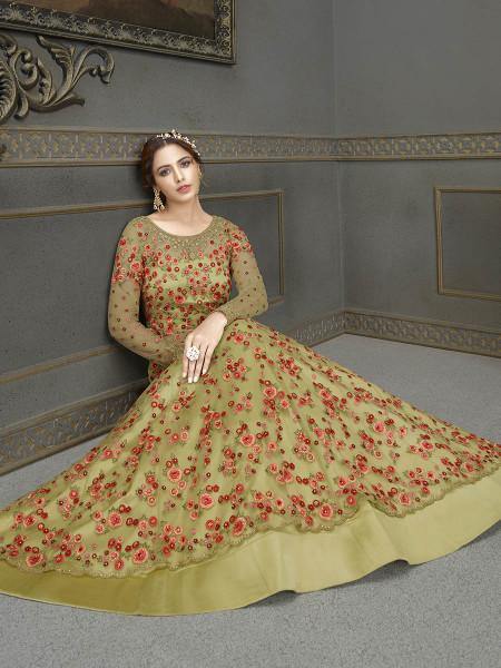Myra Green Soft Net Embroidered Handwork Gown Style Suit Online