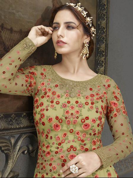 Green Soft Net Embroidered Handwork Gown Style Suit
