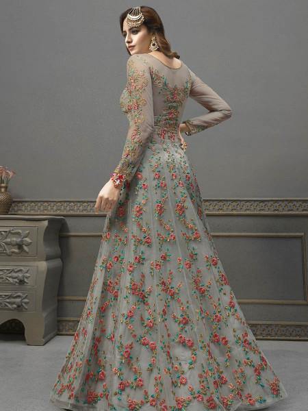 Grey Soft Net Embroidered Handwork Gown Style 