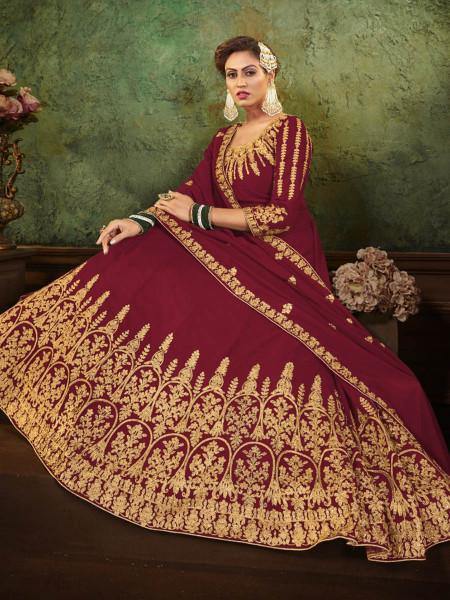 Maroon Georgette Embroidered Gown
