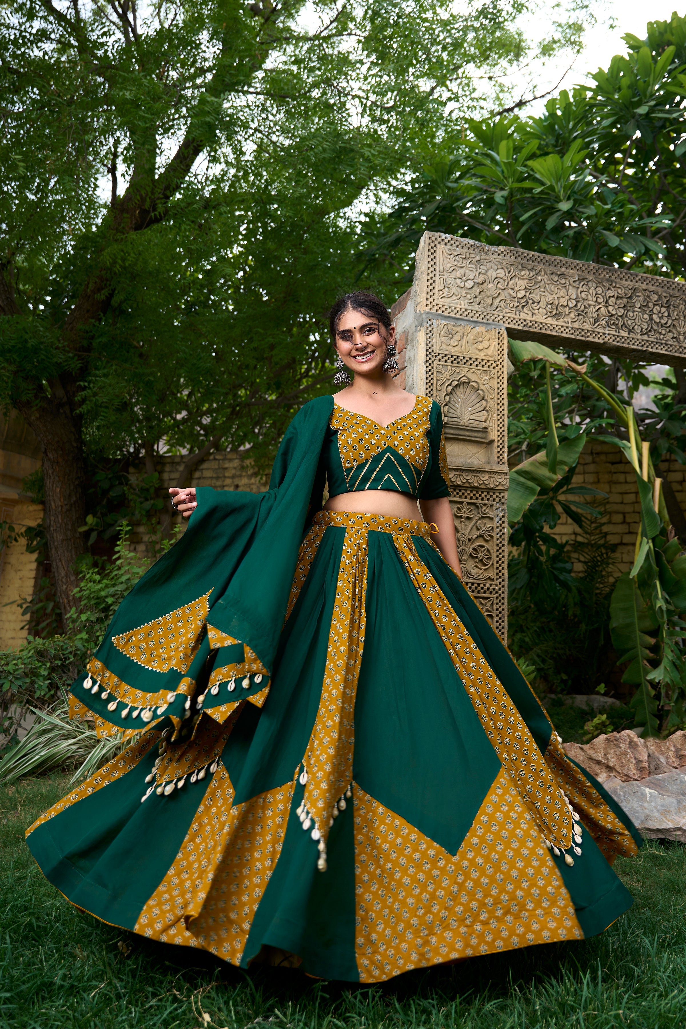 Lorenvalley Green Pure Cotton Plain And Printed With Cowrie (Kodi) Lace Touch Up Lehenga Choli with Dupatta