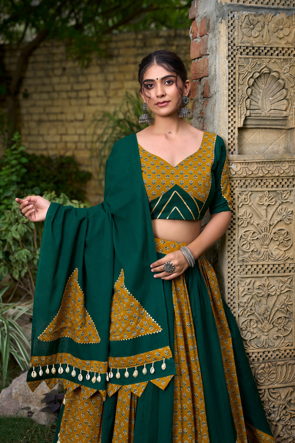 Lorenvalley Green Pure Cotton Plain And Printed With Cowrie (Kodi) Lace Touch Up Lehenga Choli with Dupatta
