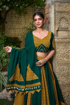 Lorenvalley Green Pure Cotton Plain And Printed With Cowrie (Kodi) Lace Touch Up Lehenga Choli with Dupatta