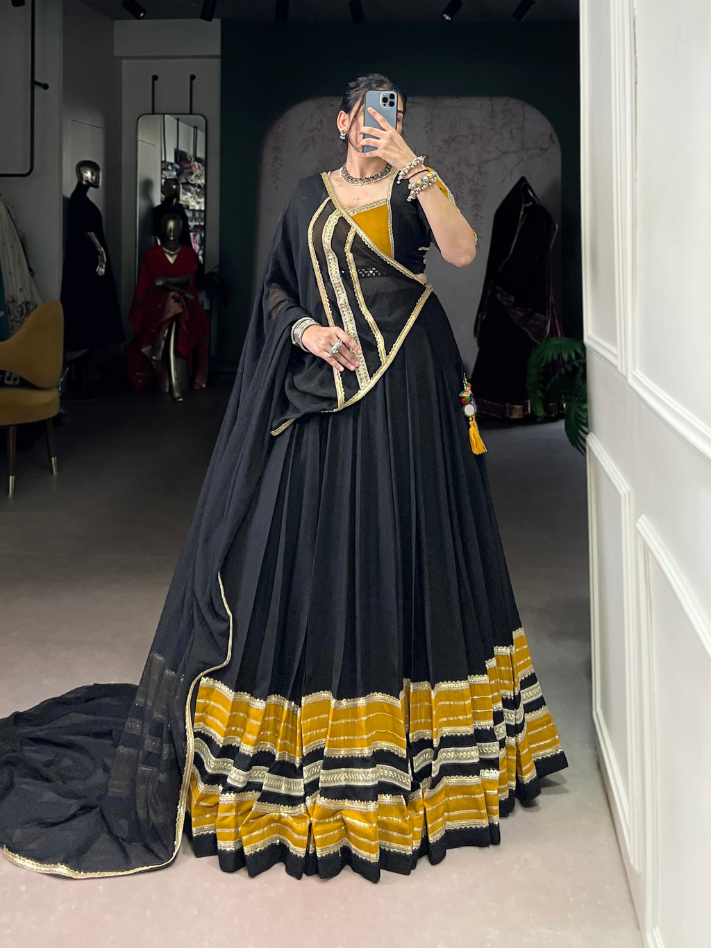 Lorenvalley Fashion Black Pure Rayon Sequins Lace With Gota Patti Lace Touch Up Lehenga Choli with Dupatta