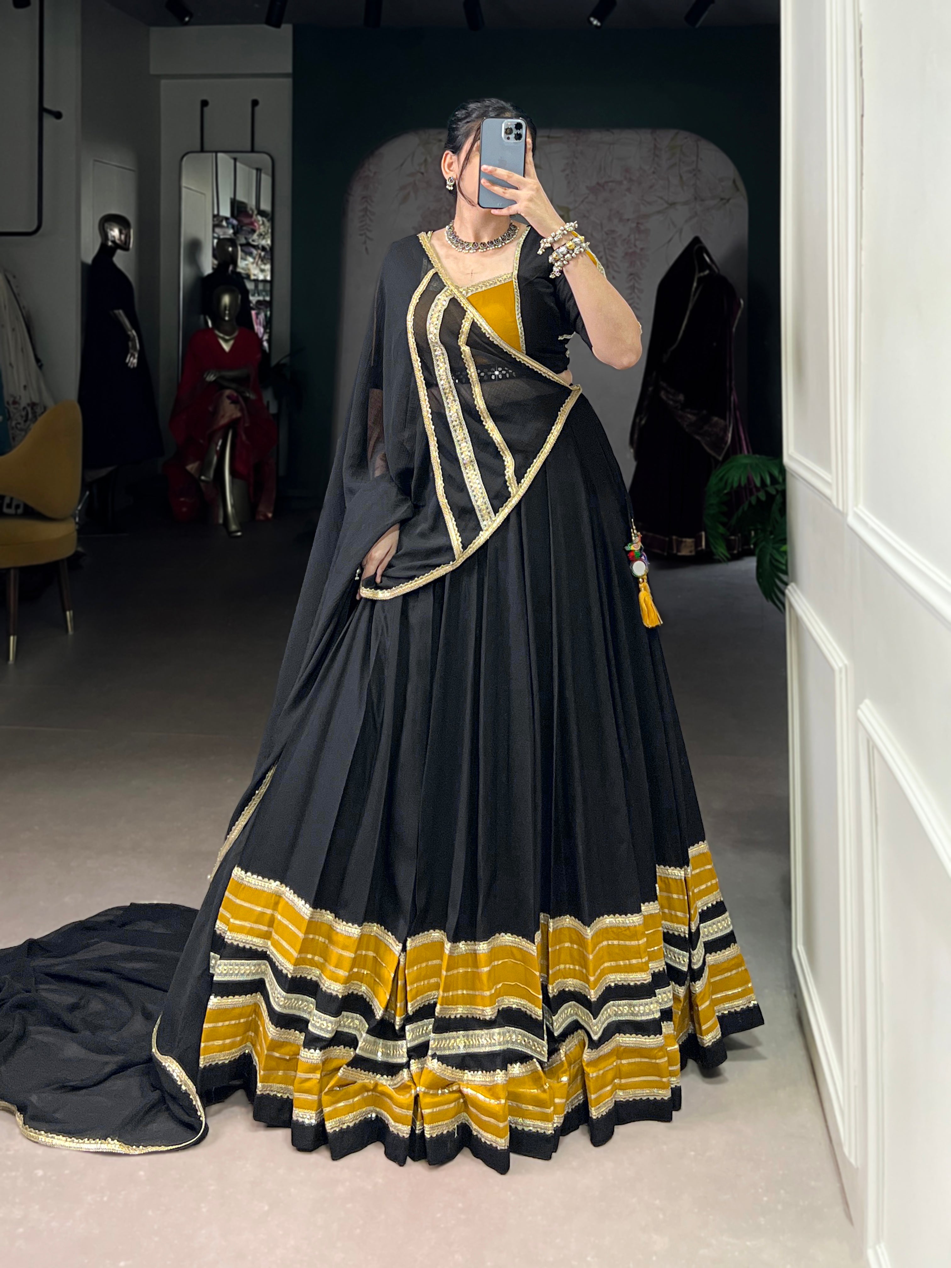 Lorenvalley Fashion Black Pure Rayon Sequins Lace With Gota Patti Lace Touch Up Lehenga Choli with Dupatta