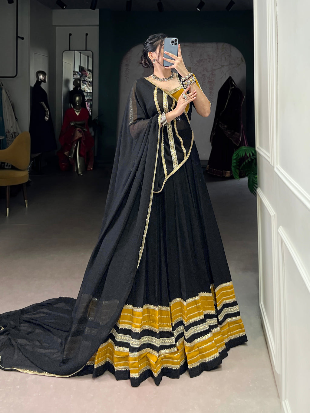 Lorenvalley Fashion Black Pure Rayon Sequins Lace With Gota Patti Lace Touch Up Lehenga Choli with Dupatta