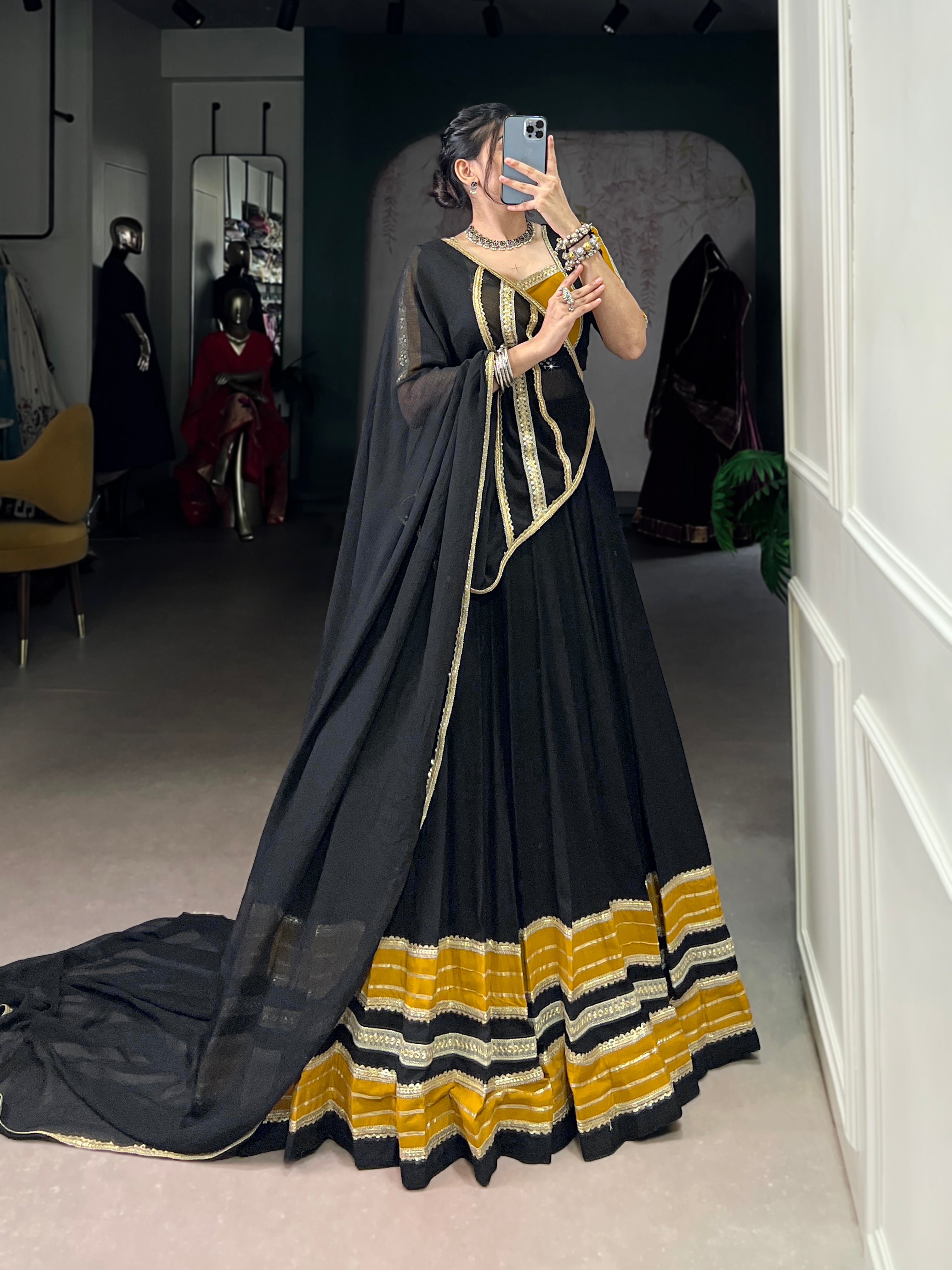 Lorenvalley Fashion Black Pure Rayon Sequins Lace With Gota Patti Lace Touch Up Lehenga Choli with Dupatta