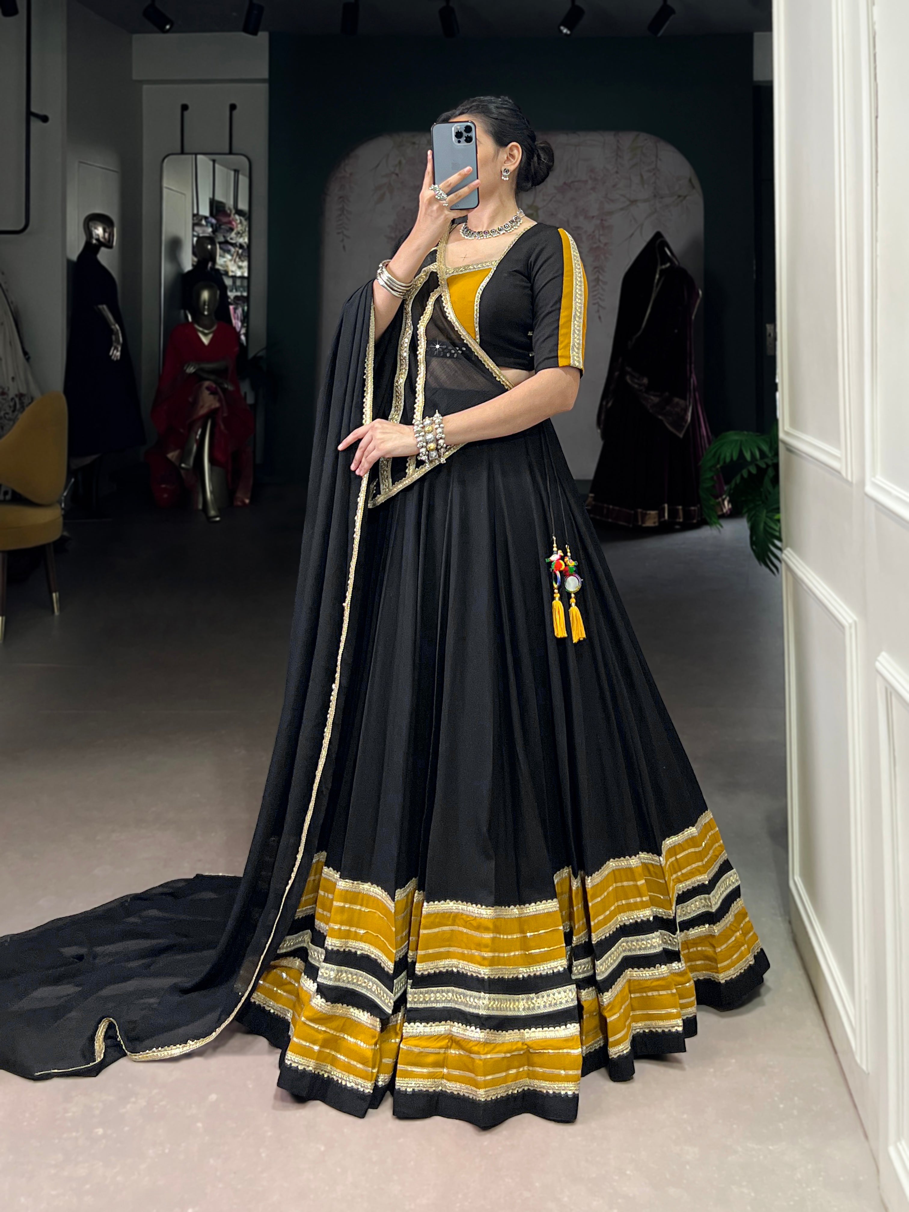 Lorenvalley Fashion Black Pure Rayon Sequins Lace With Gota Patti Lace Touch Up Lehenga Choli with Dupatta