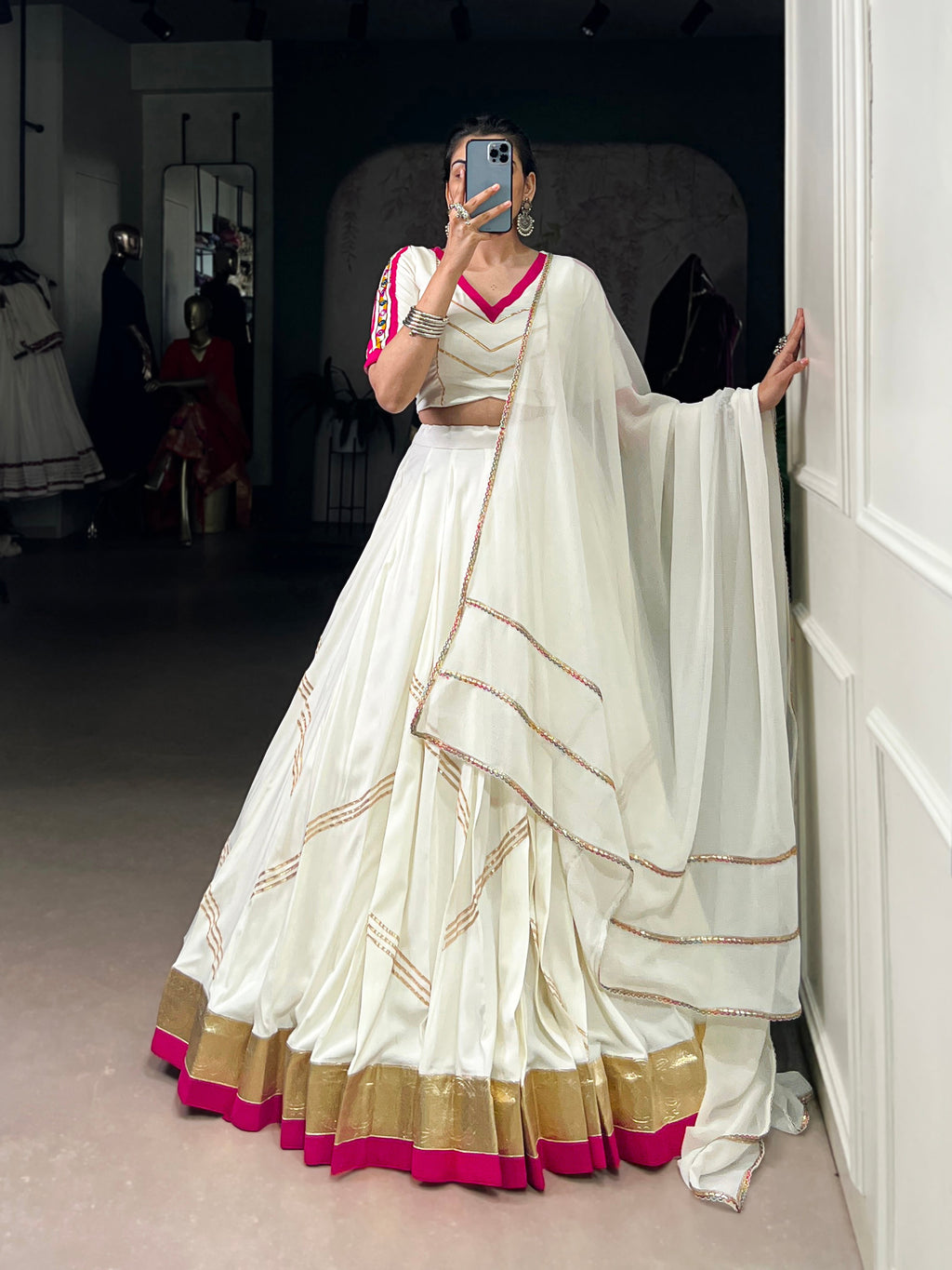 Lorenvalley Fashion White Pure Rayon Embossed Design With Gota Patti Lace Touch Up Lehenga Choli with Dupatta