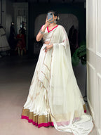 Lorenvalley Fashion White Pure Rayon Embossed Design With Gota Patti Lace Touch Up Lehenga Choli with Dupatta