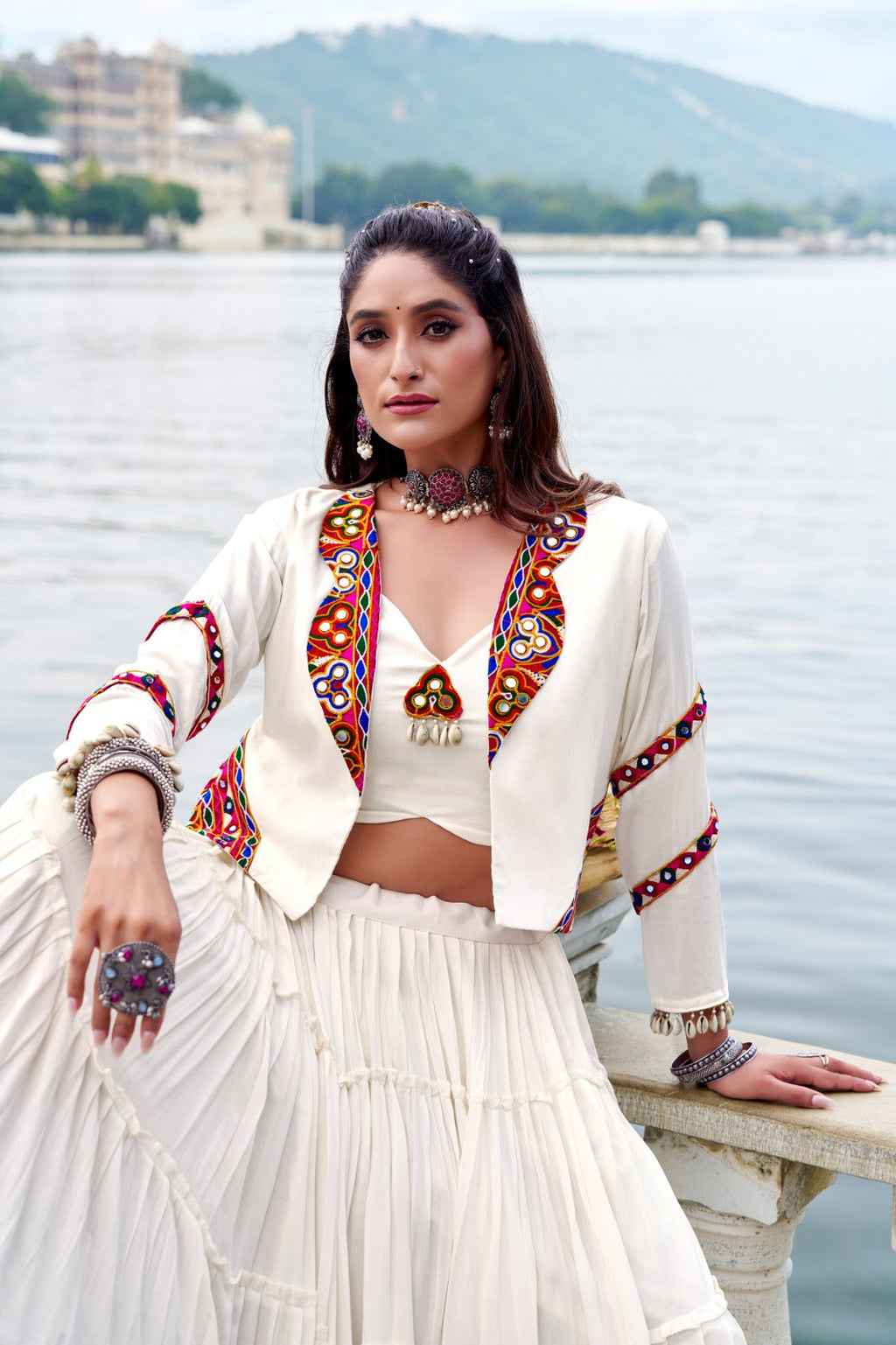 Lorenvalley Fashion White Pure Rayon Plain Frill Lehenga Choli with Koti