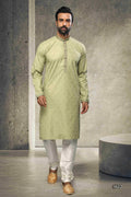 Raivat Ethnic Cotton Printed Work Kurta Pajama In Light Green Colour