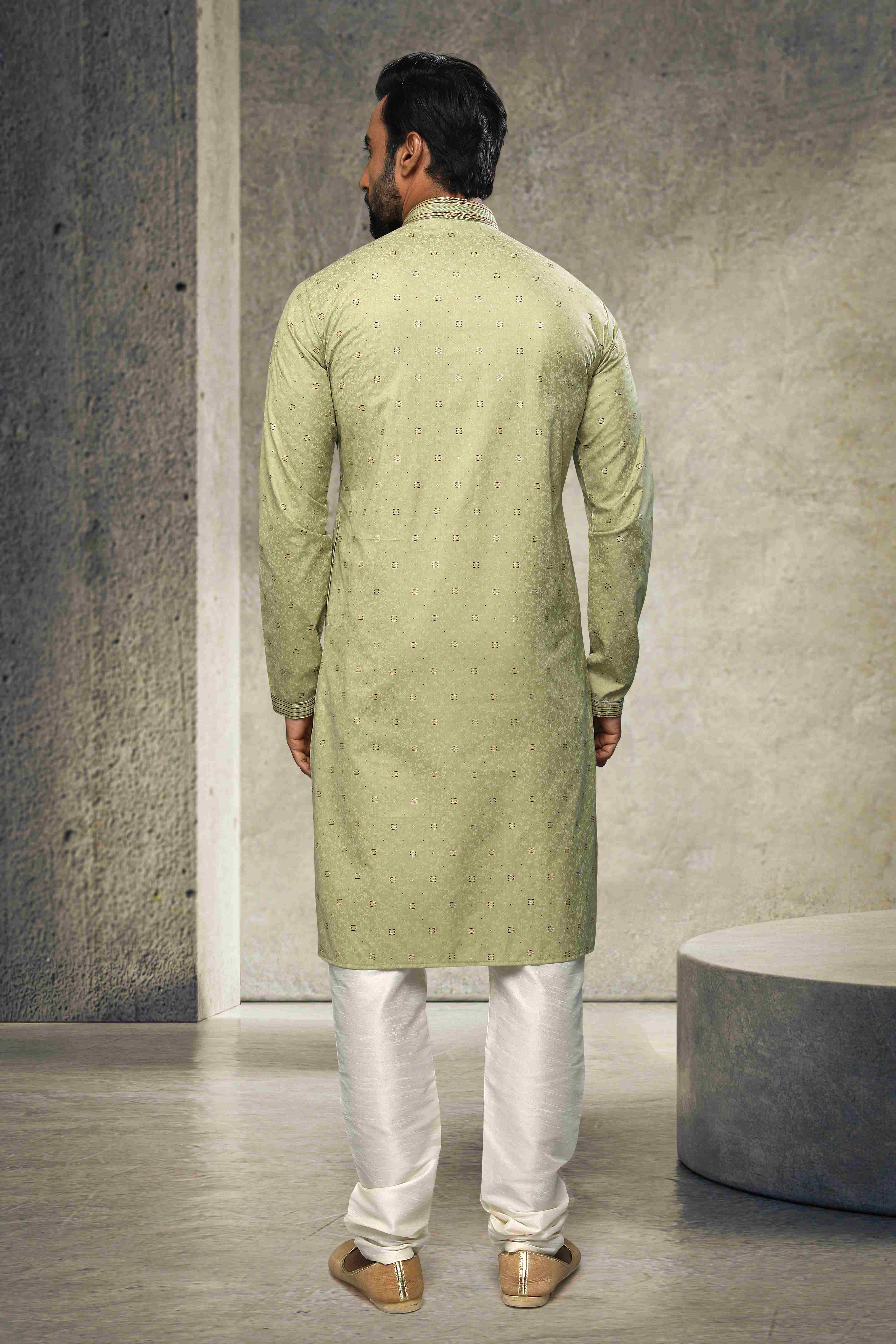 Raivat Ethnic Cotton Printed Work Kurta Pajama In Light Green Colour