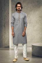 Raivat Ethnic Cotton Printed Work Kurta Pajama In Grey Colour
