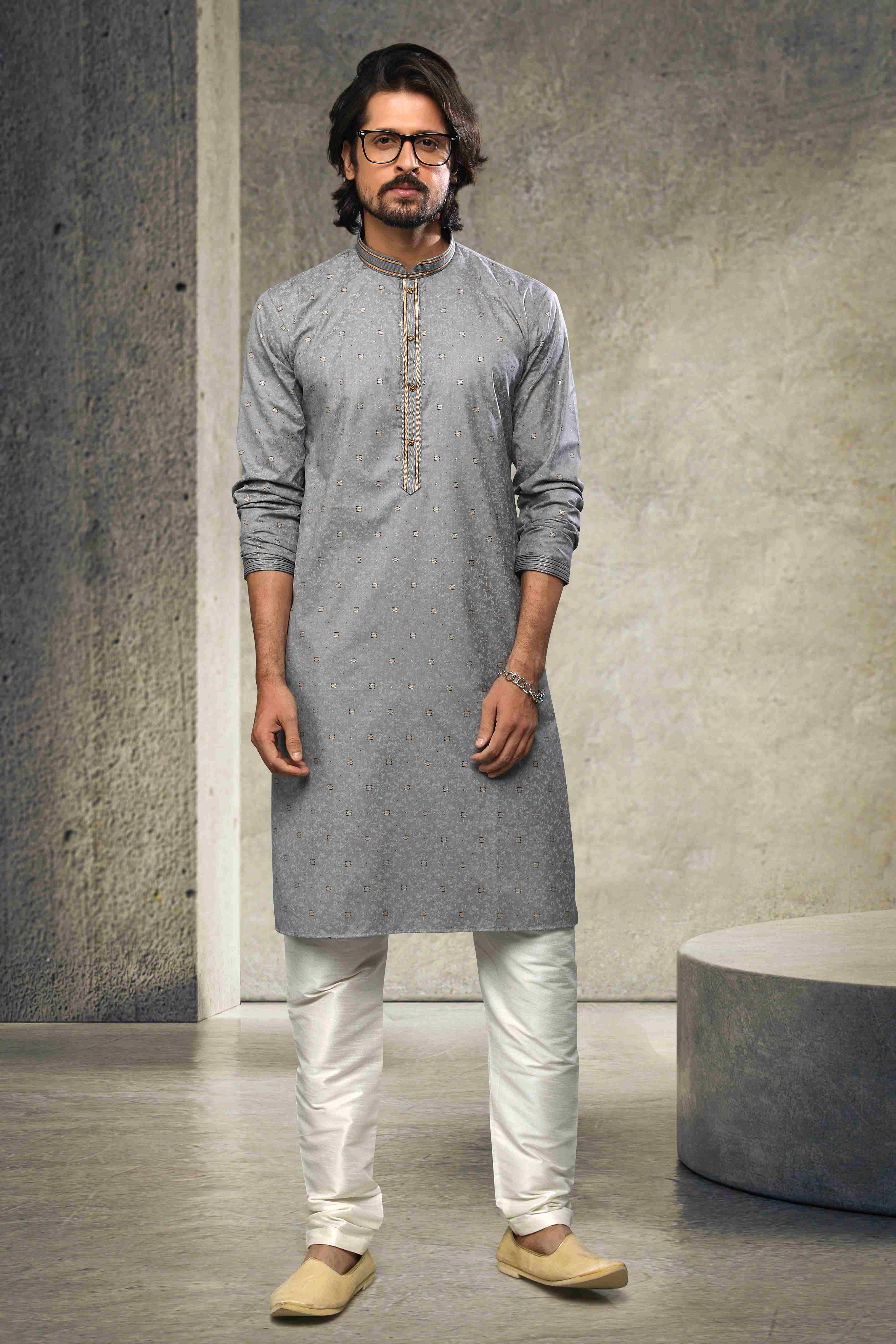 Raivat Ethnic Cotton Printed Work Kurta Pajama In Grey Colour