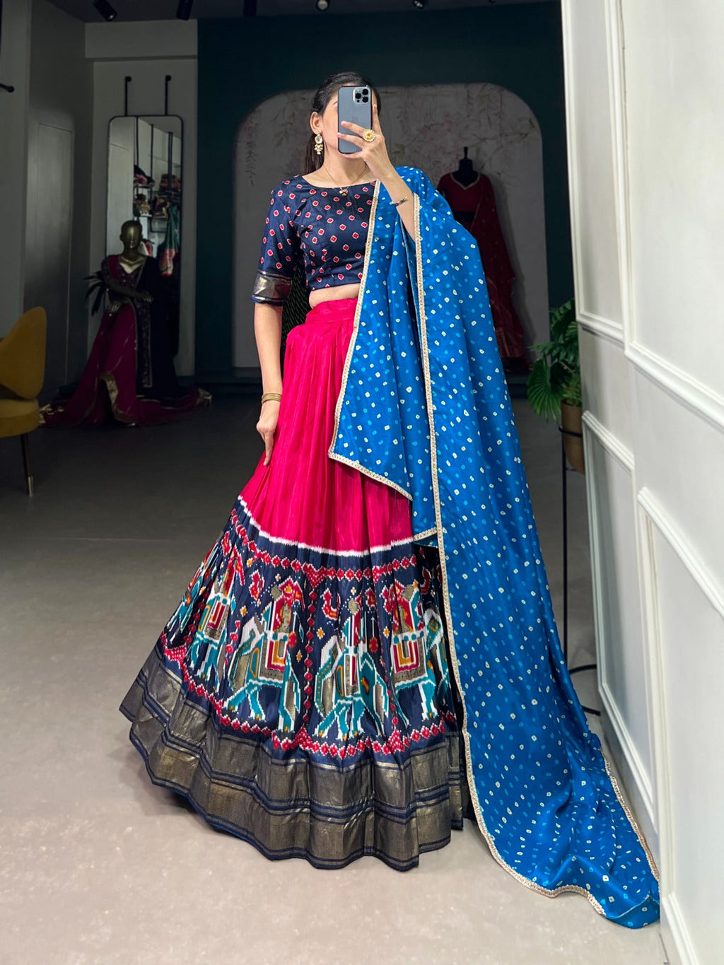 Lorenvalley Pink Dola Silk Patola Print and foil work Lehenga Choli with Dupatta