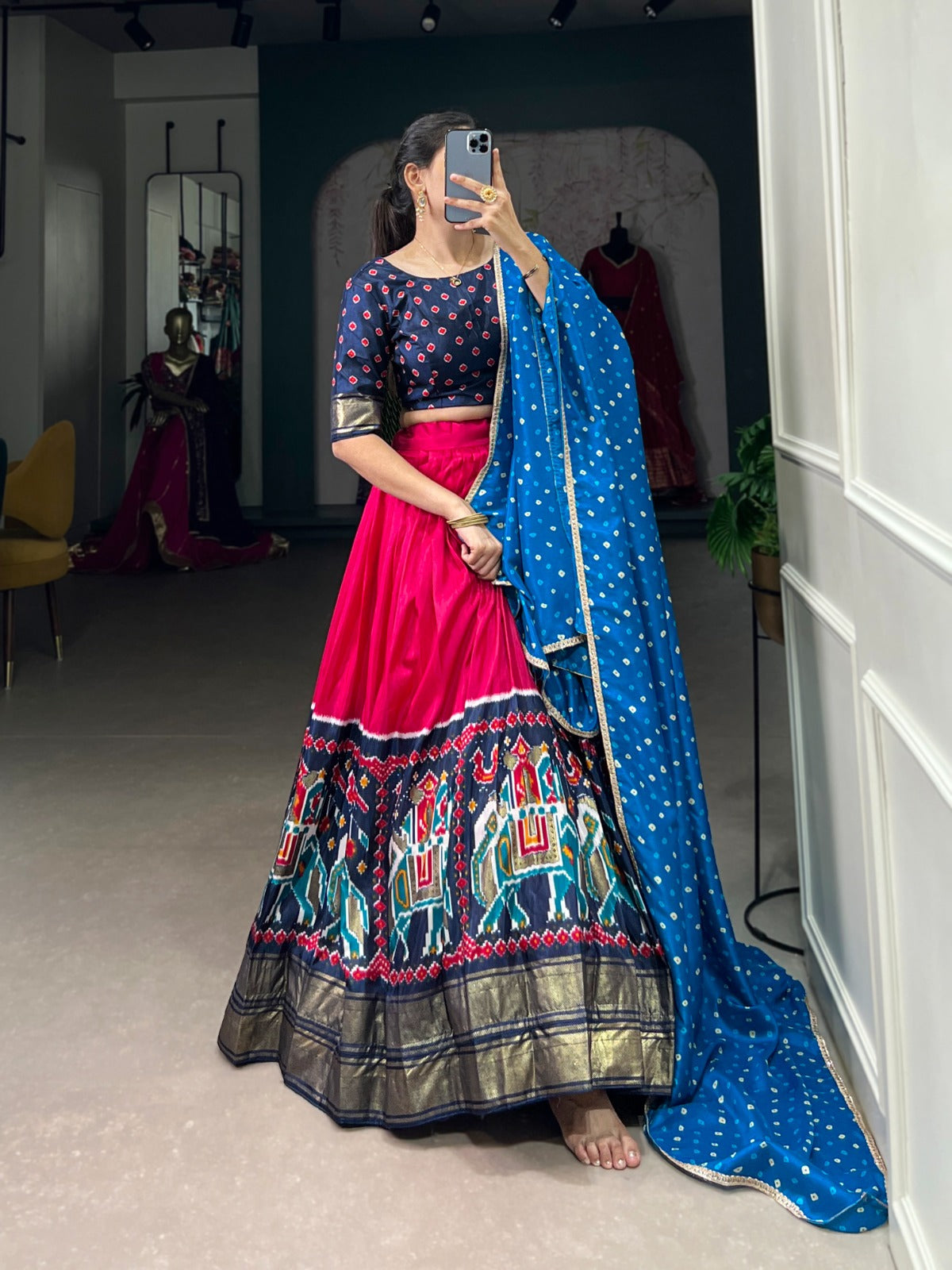 Lorenvalley Pink Dola Silk Patola Print and foil work Lehenga Choli with Dupatta