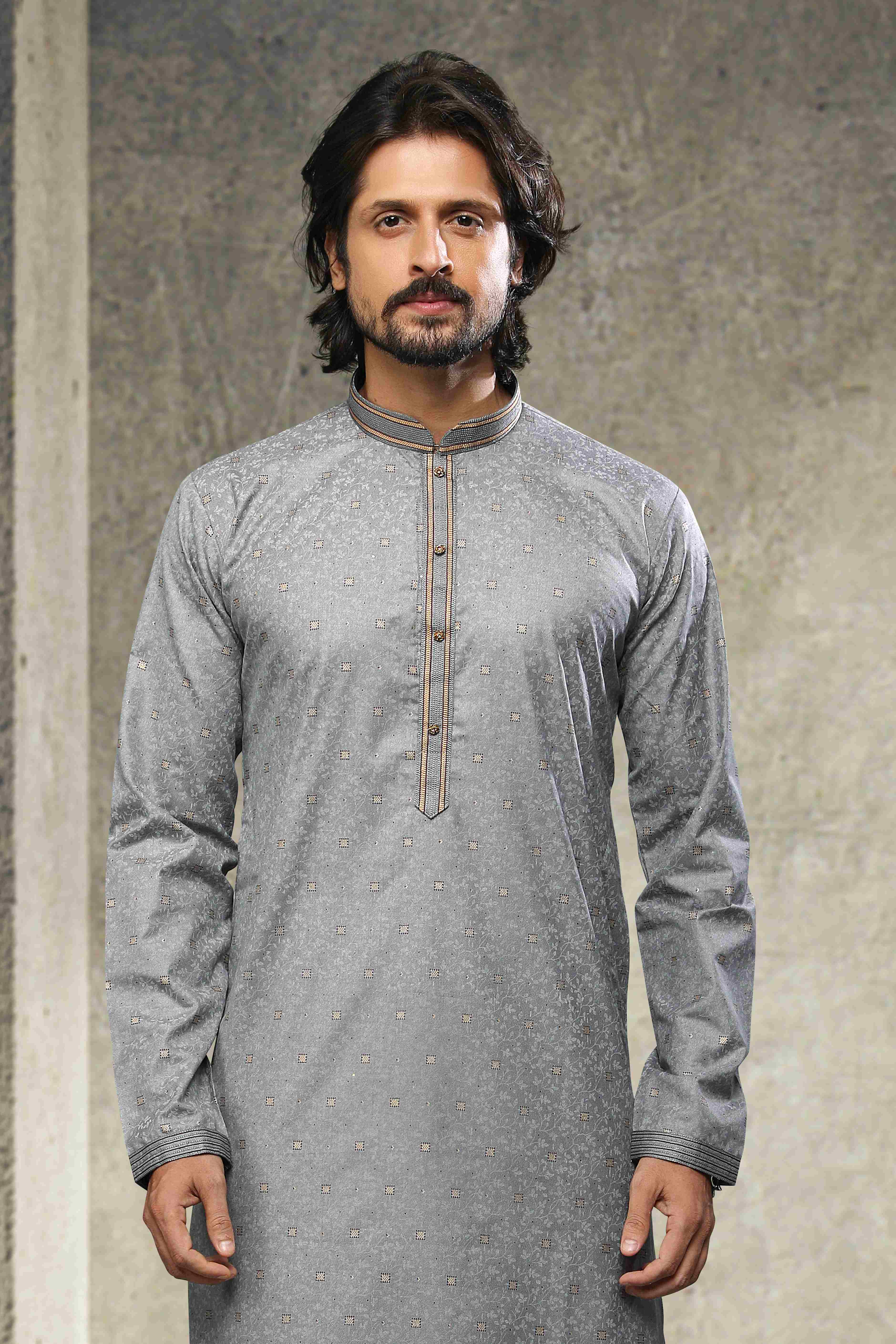 Raivat Ethnic Cotton Printed Work Kurta Pajama In Grey Colour