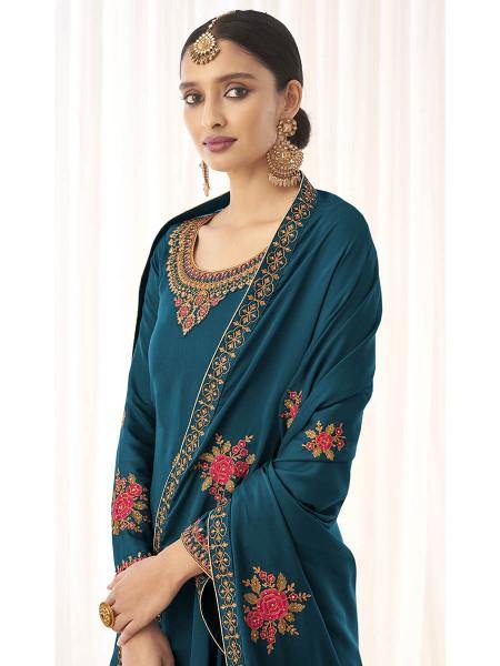 Blue Georgette Embroidered Palazzo Suit