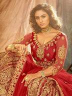 Myra Red Heavy Embroidered Net Lehenga