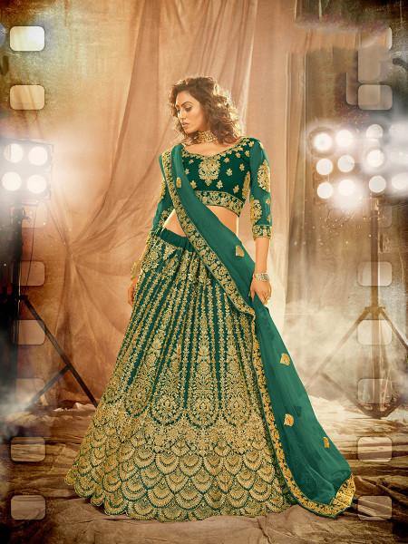 Myra Rama Green Heavy Embroidered Net Lehenga