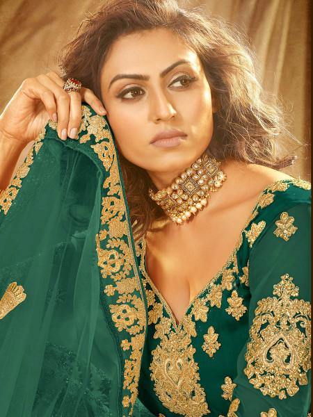 Myra Rama Green Heavy Embroidered Net Lehenga