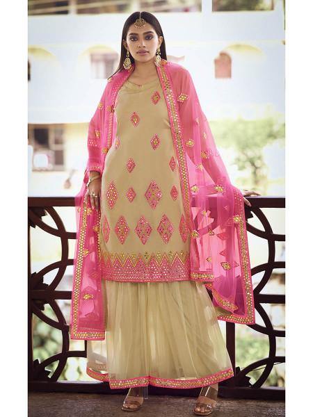 Myra Beige and Pink Heavy Embroidered Gharara Suit