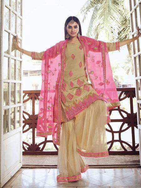 Beige and Pink Heavy Embroidered Gharara Suit