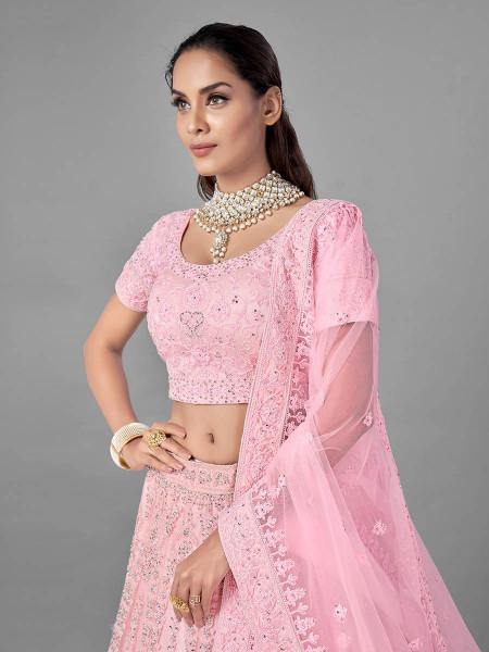 Myra Traditional Pink Heavy Embroidered Soft Net Bridal Lehenga